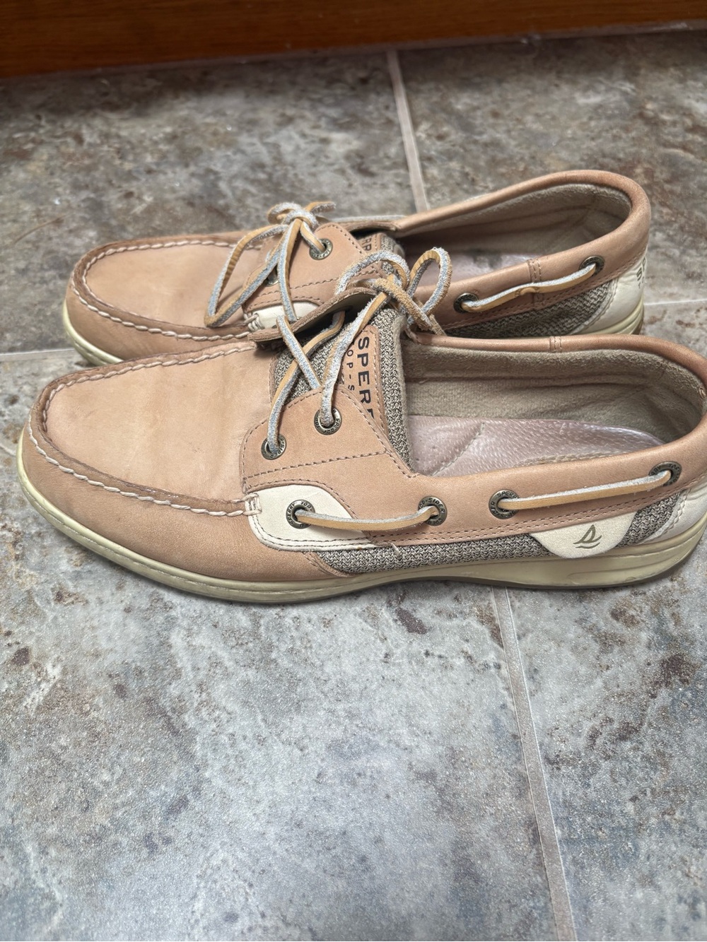 Sperry Tan and Cream Leather Canvas Boat Shoes